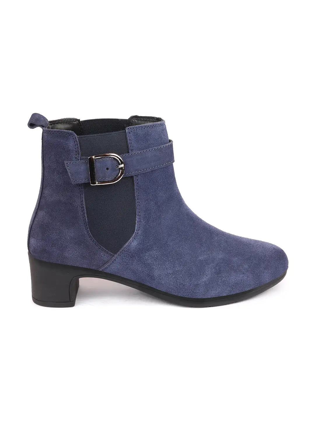 Women Navy Flared Heel High Ankle Suede Leather Classic Winter Buckle Strap Chelsea Boots