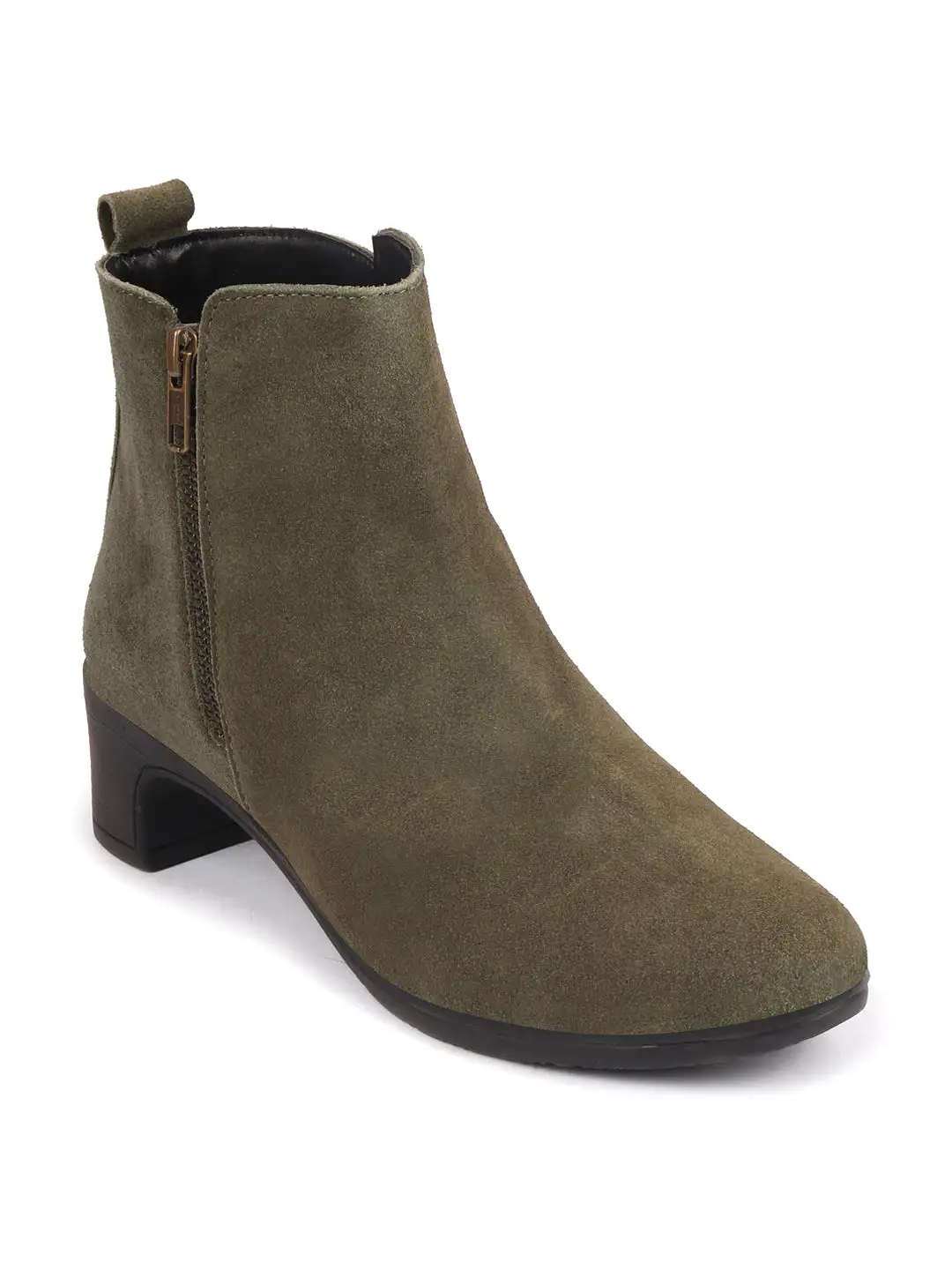 Women Olive Flared Heel Mid Top Suede Leather Zipper Closure Winter Chelsea Boots