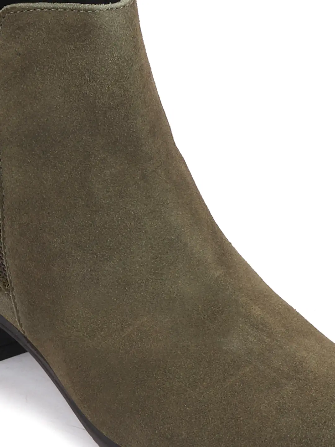 Women Olive Flared Heel Mid Top Suede Leather Zipper Closure Winter Chelsea Boots