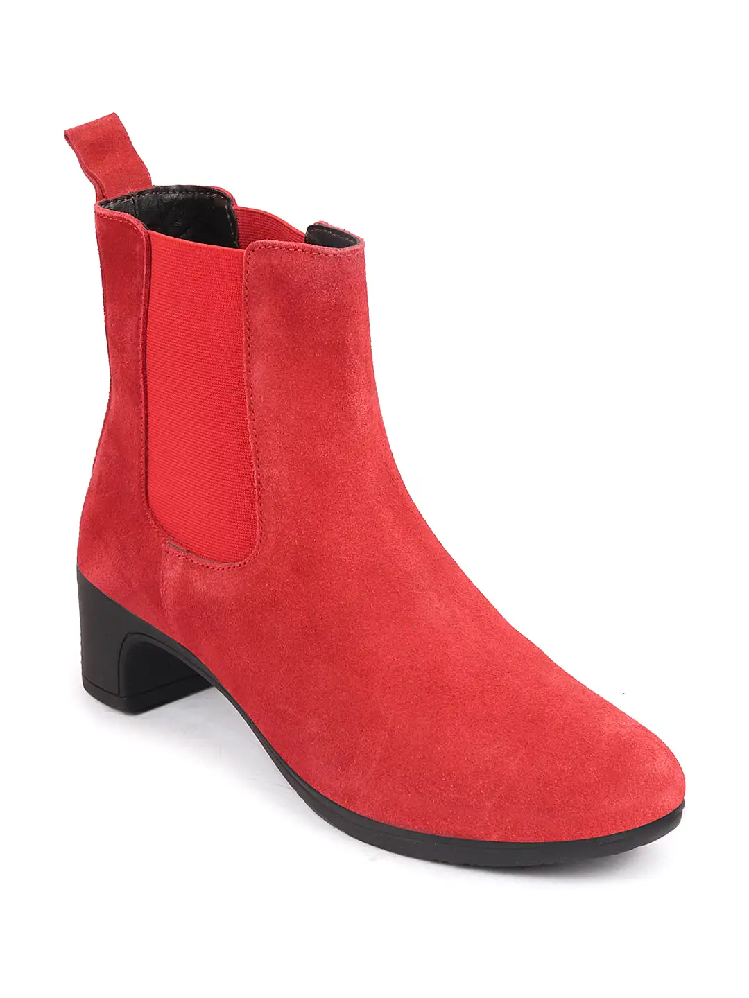 Women Red Flared Heel High Ankle Suede Leather Classic Winter Chelsea Boots