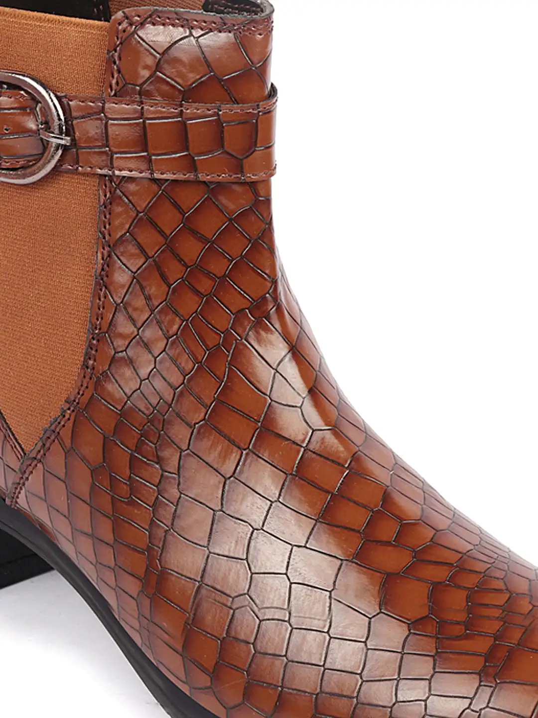 Women Tan Flared Heel High Ankle Leopard Print Embossed Design Winter Buckle Strap Chelsea Boots