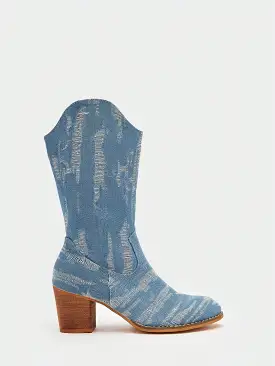 Women Western Boots, Denim Chunky Heeled Fashion Boots