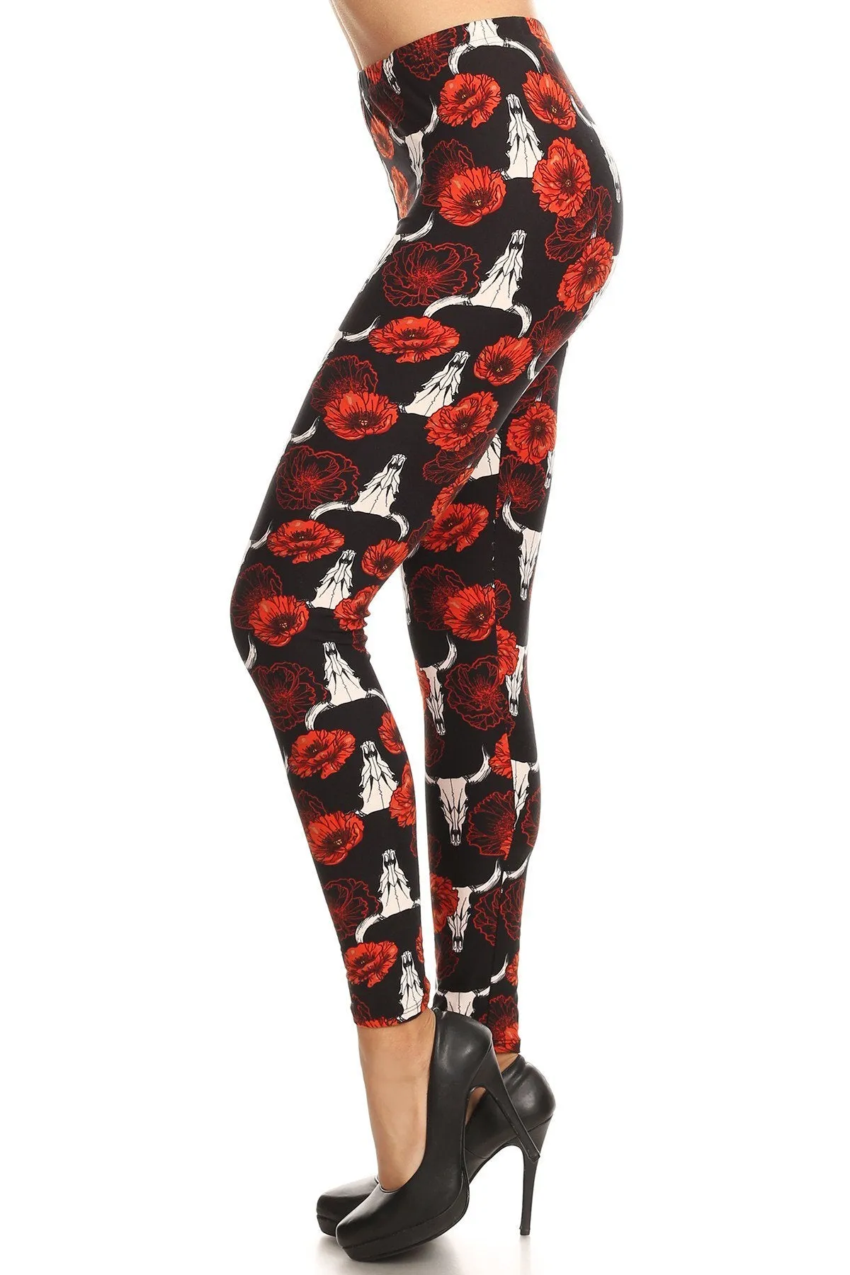 Women's 3X 5X Flower Bull Skull Pattern Printed Leggings