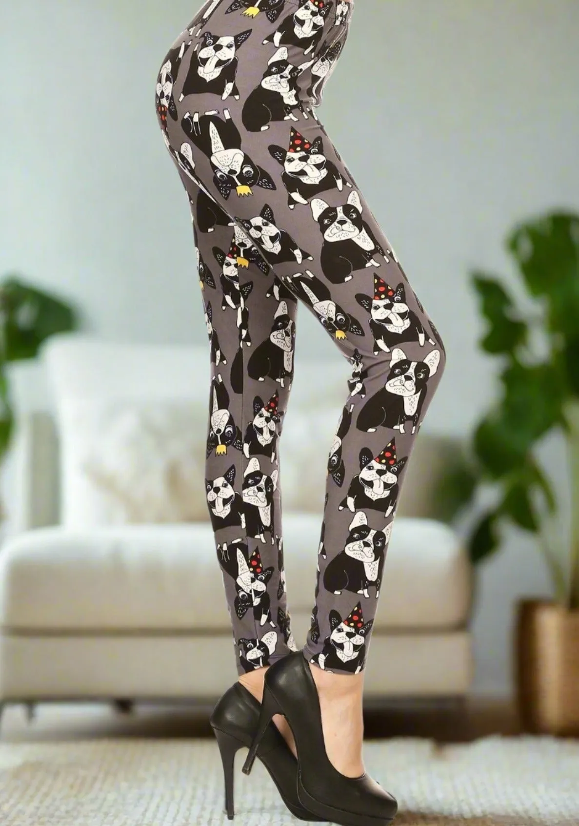 Womens Boston Terrier Dog Leggings, Soft Yoga Pants, Sizes 0-18, No-Roll Waist, Gray