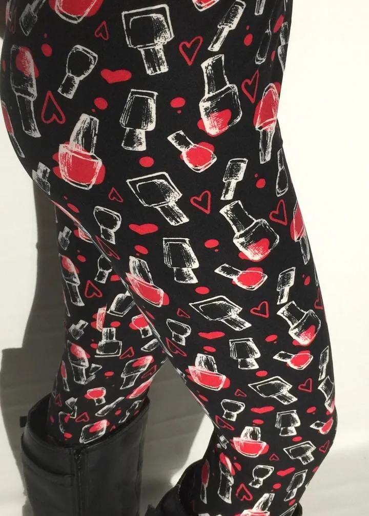 Womens Nail Polish Heart Leggings Soft Yoga Pants Black/Red Sizes 0-18