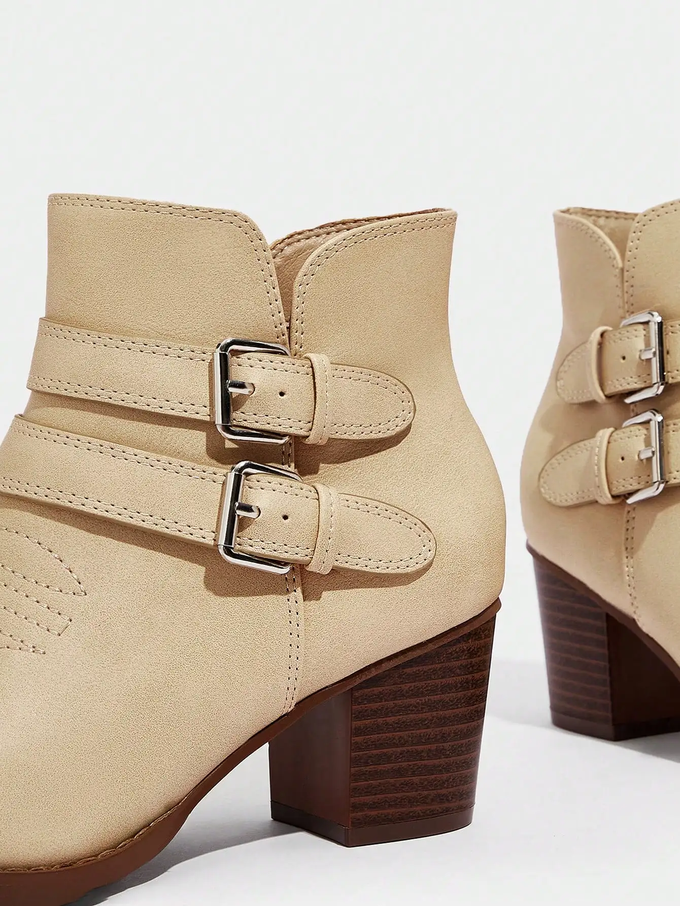 Women's Shoes Buckle Decor Outdoor Chunky Heeled Fashion Beige Western Boots