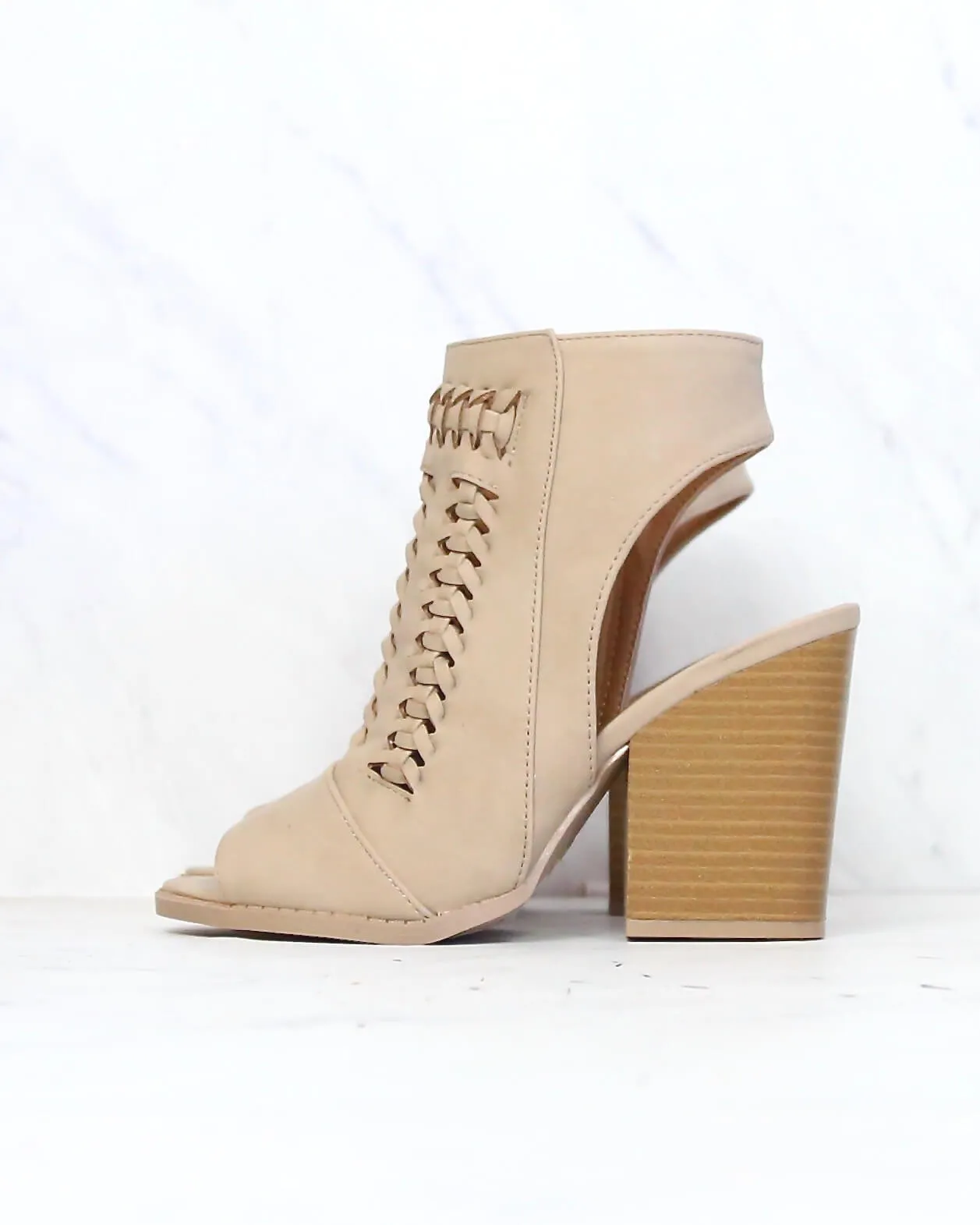 Woven Chunky Heeled VEgan Nubuck Bootie in Light Taupe