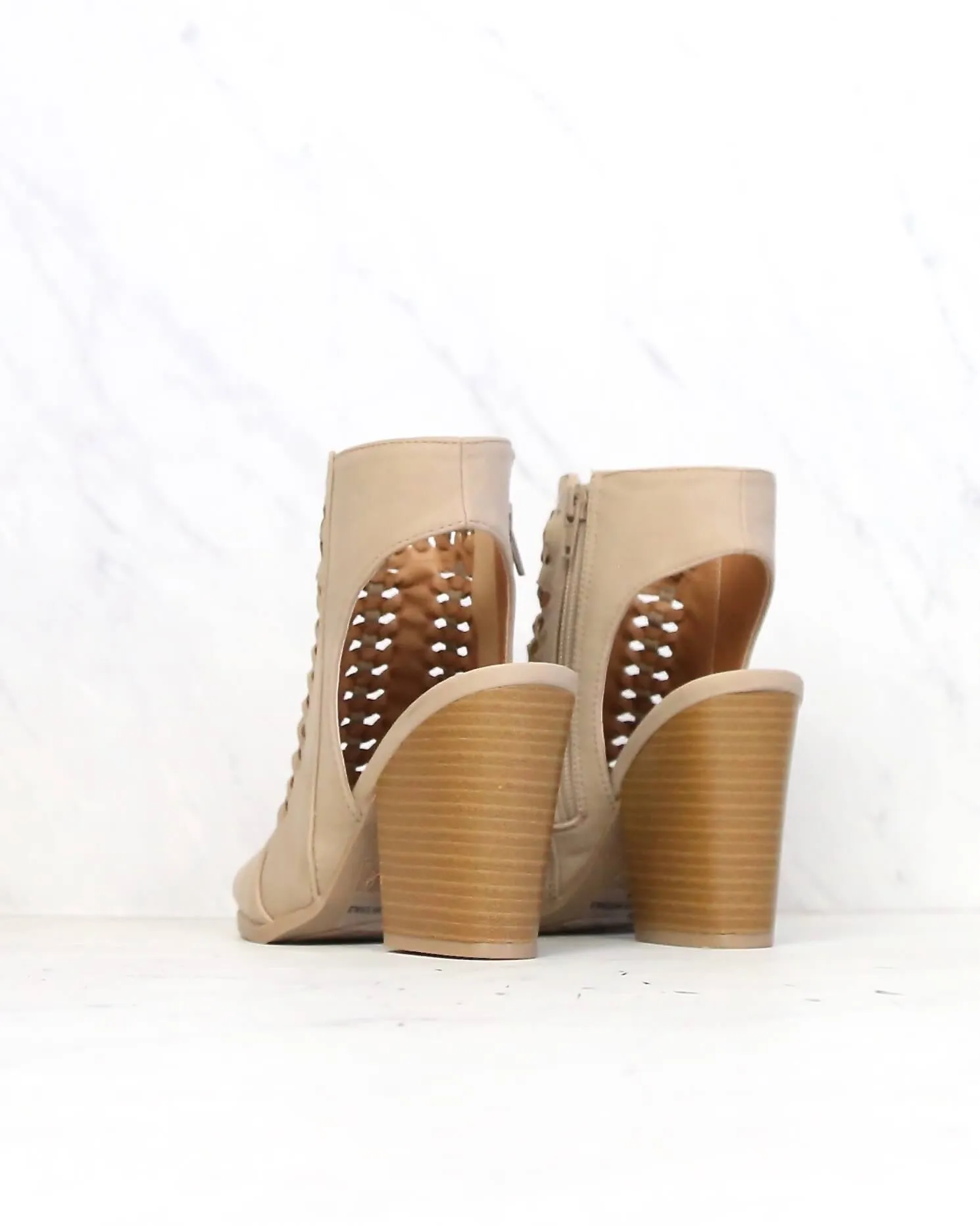 Woven Chunky Heeled VEgan Nubuck Bootie in Light Taupe