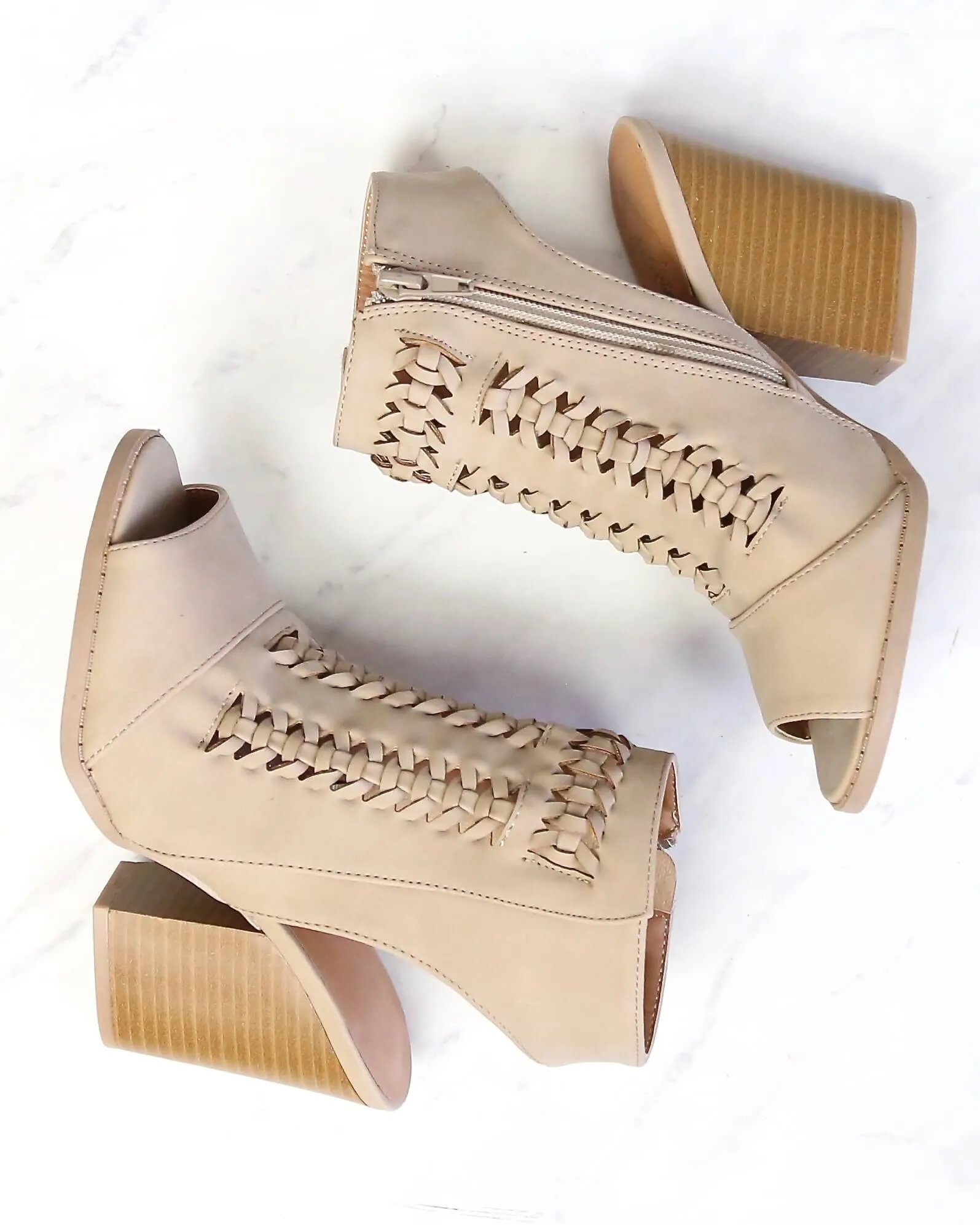 Woven Chunky Heeled VEgan Nubuck Bootie in Light Taupe