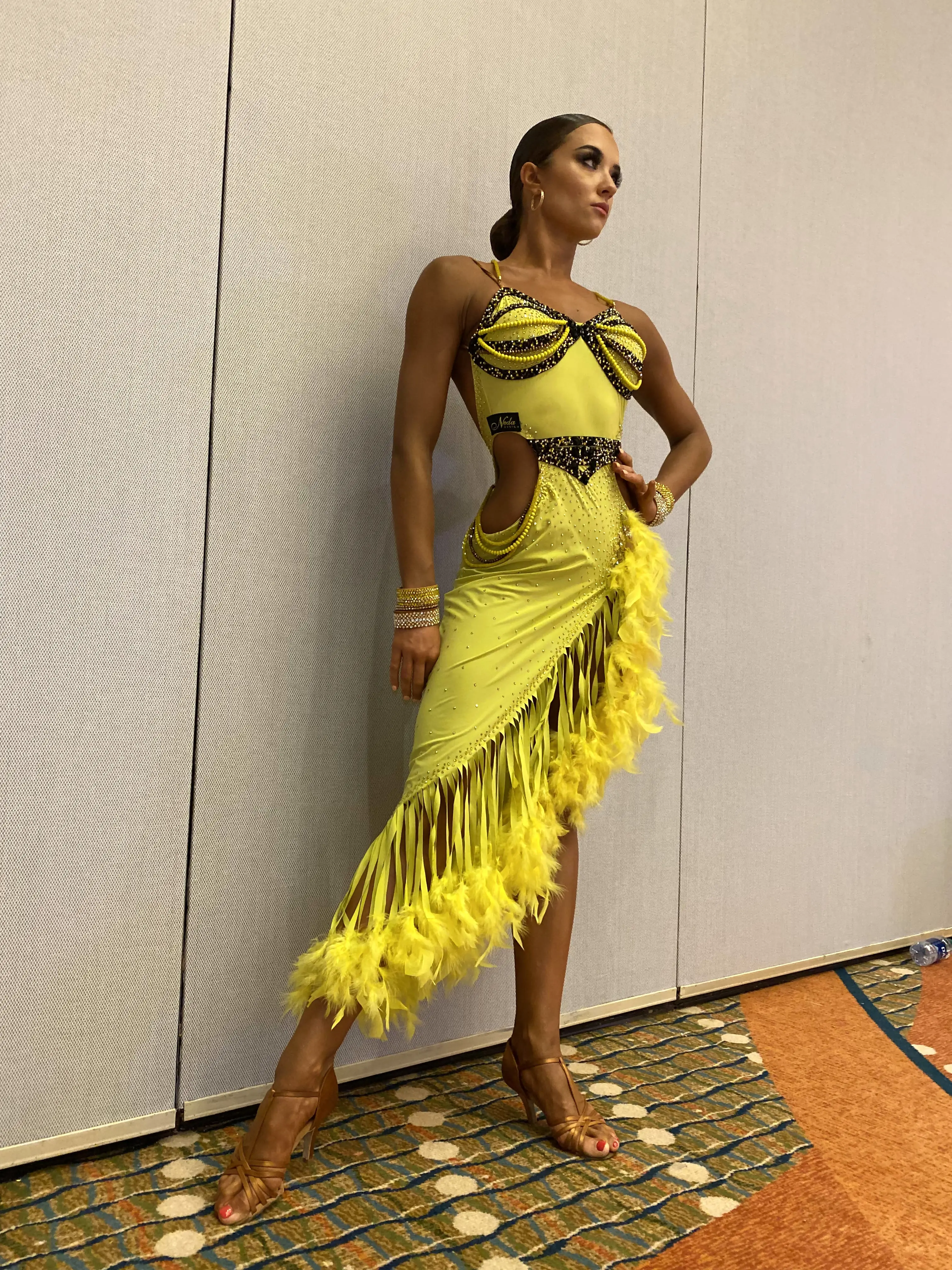 Yellow Latin Dress with Feathers