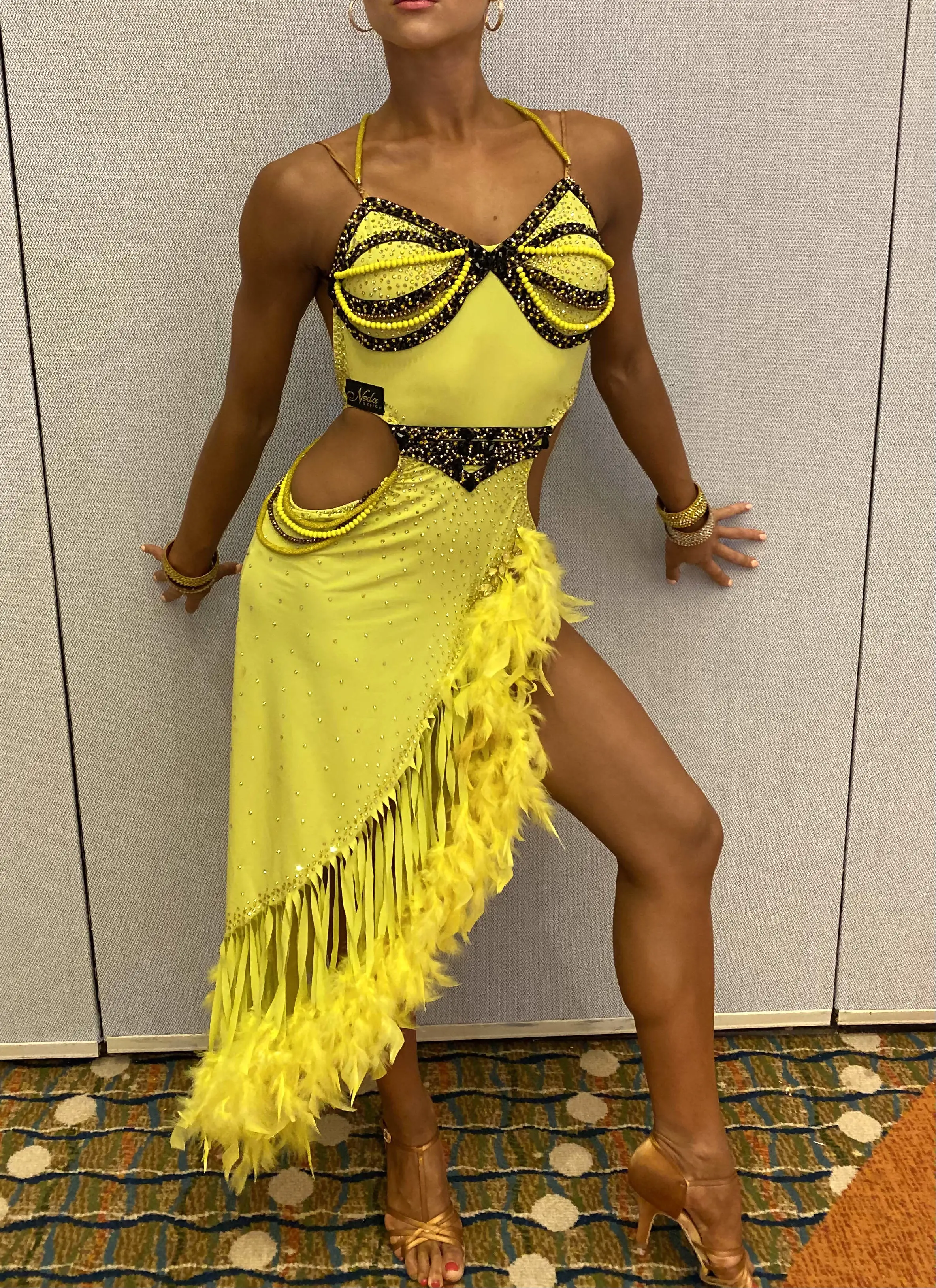 Yellow Latin Dress with Feathers