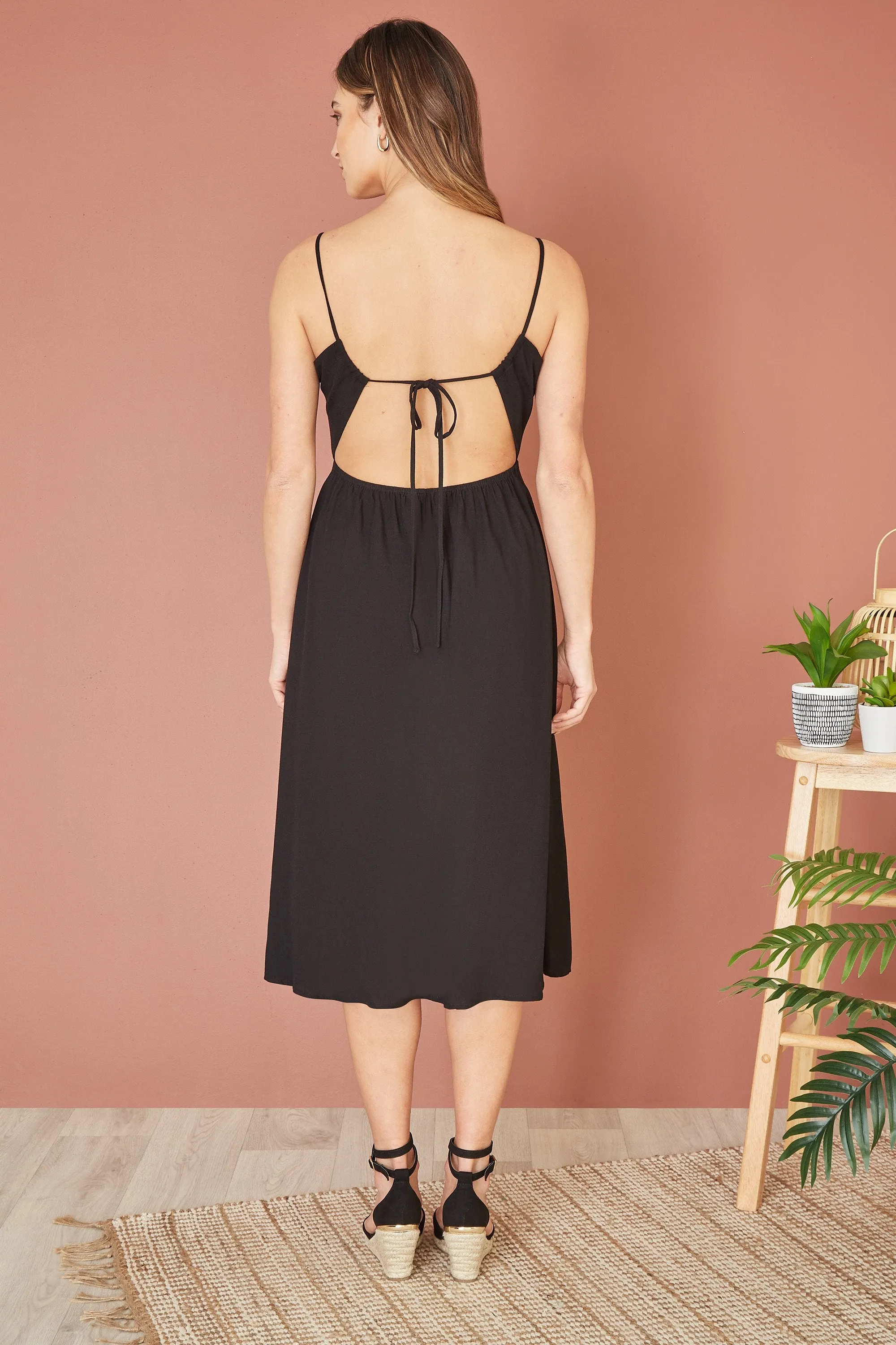 Yumi Black Viscose Tie Back Midi Sun Dress